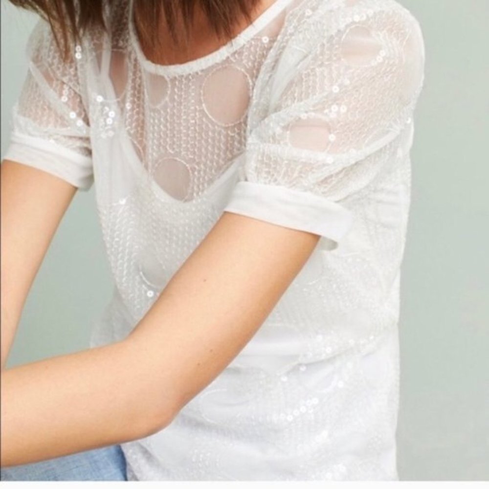 Eva Franco Russian Gia Sequin Short Sleeve Top White Size XS - Picture 1 of 15
